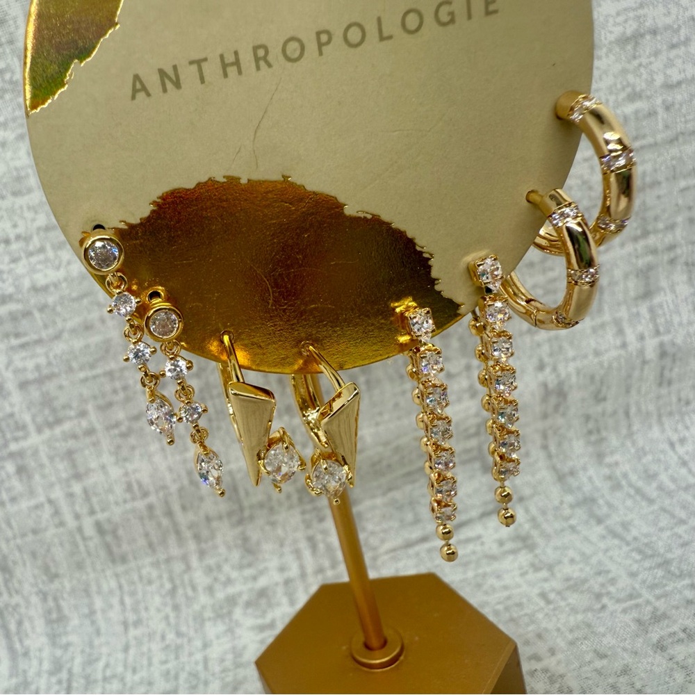 NWT Anthropologie 14k Gold Plated Dripped Crystal Set of 4 Earrings in Gold